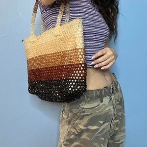 RETRO BROWN ENTIRELY BEADS SHOULDER BAG / TOTE